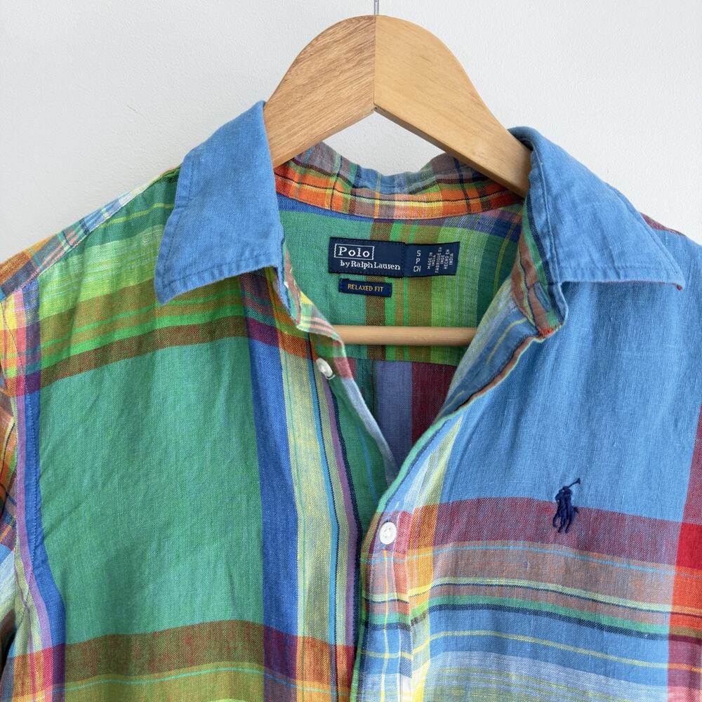 Polo Ralph Lauren Shirt Womens Small Plaid 100% Linen Button Up Long Sleeve - Picture 2 of 16